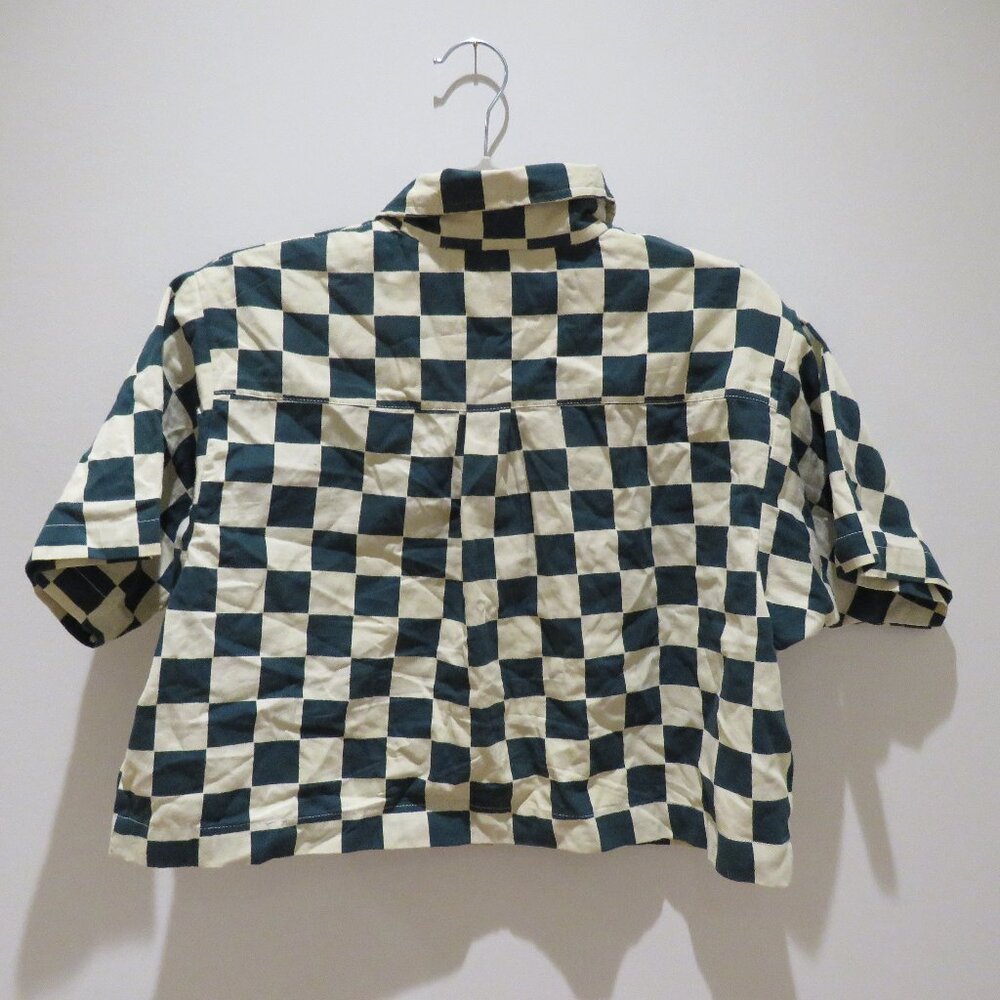 DUSHYANT Hand Printed 'The Cami' Crop Shirt in Green & White Chessboard Mod XS - Picture 9 of 13